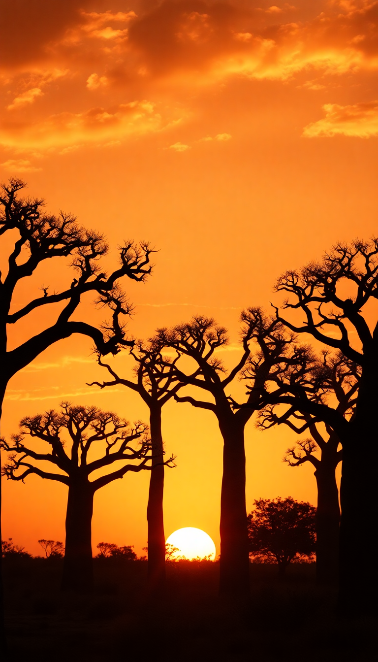 Baobab Trees Silhouette African Sunset Photorealistic Wallpaper