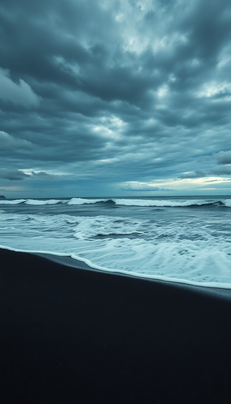 Icelandic Black Sand Beach Waves Photorealistic Wallpaper