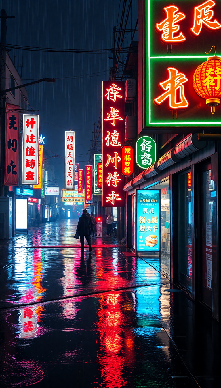 Neon Signs Chinese Characters Rain Digital art Wallpaper
