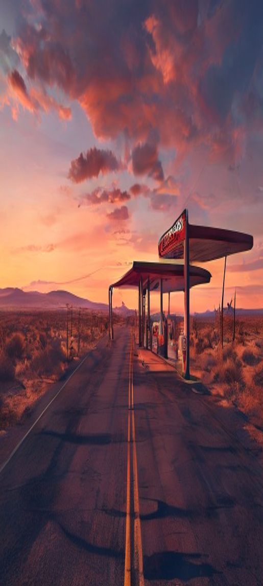 Old Gas Station Desert Route Photorealistic Wallpaper