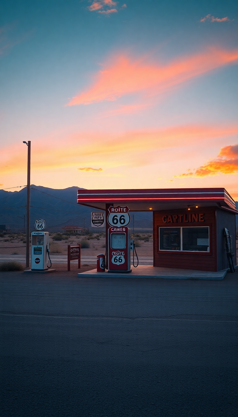 Old Gas Station Desert Route Photorealistic Wallpaper