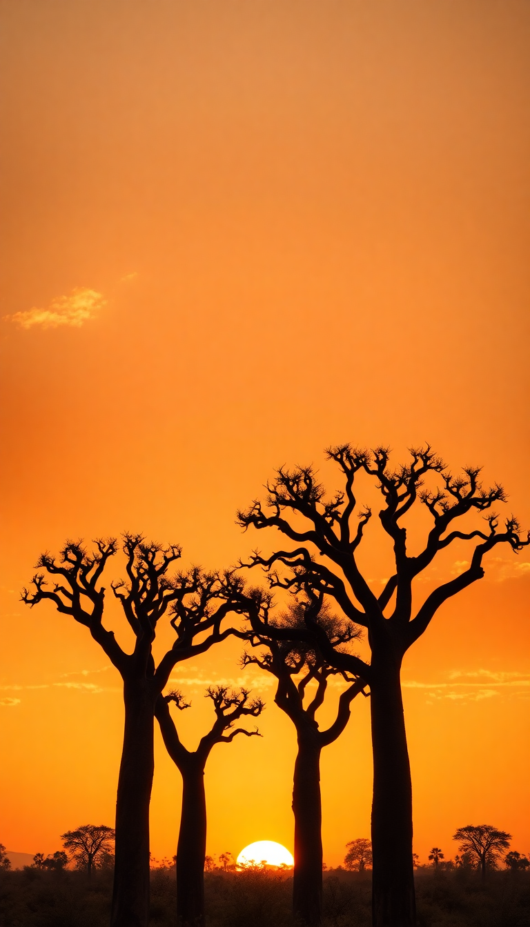 Baobab Trees Silhouette African Sunset Photorealistic Wallpaper