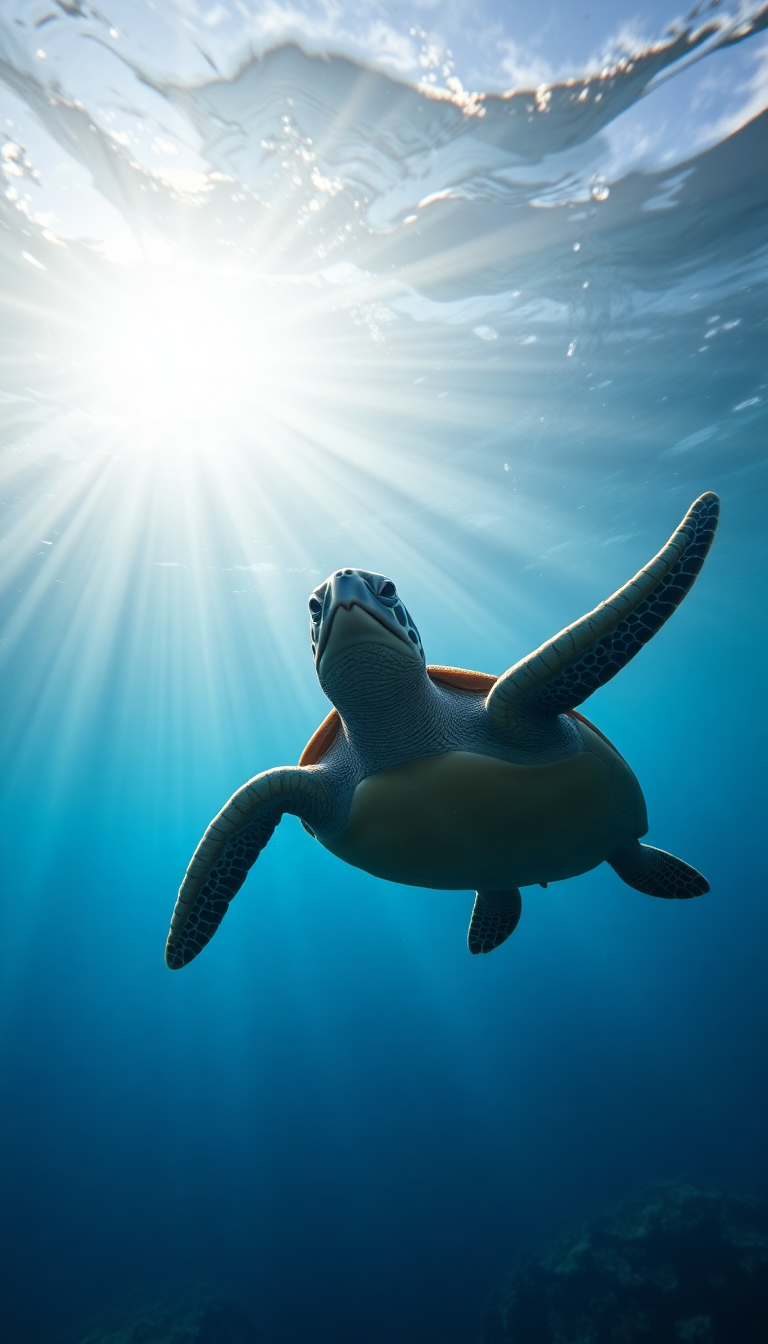 Sea Turtle Swimming Sunbeams Underwater Photorealistic Wallpaper