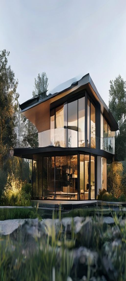 Modern Minimalist House Glass Walls Photorealistic Wallpaper