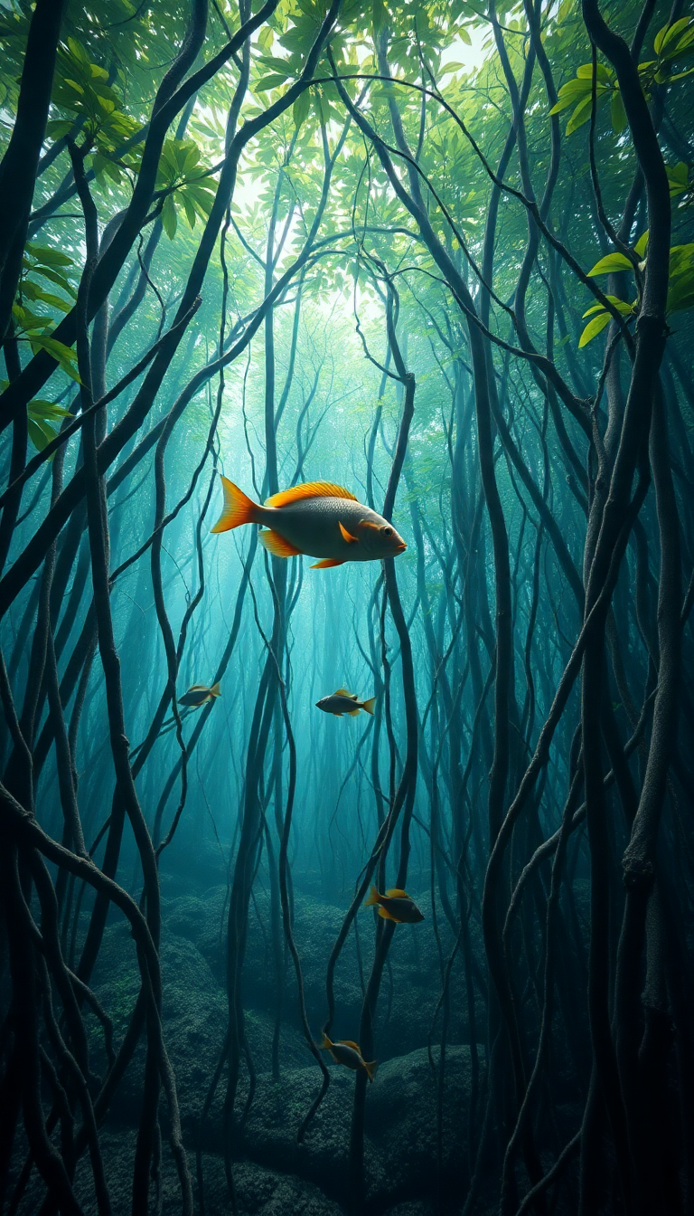 Mangrove Forest Roots Underwater Fish Photorealistic Wallpaper
