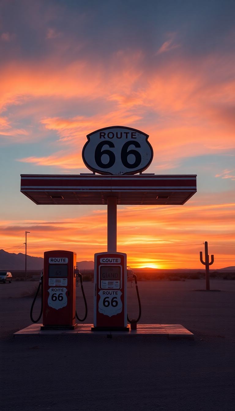 Old Gas Station Desert Route Photorealistic Wallpaper