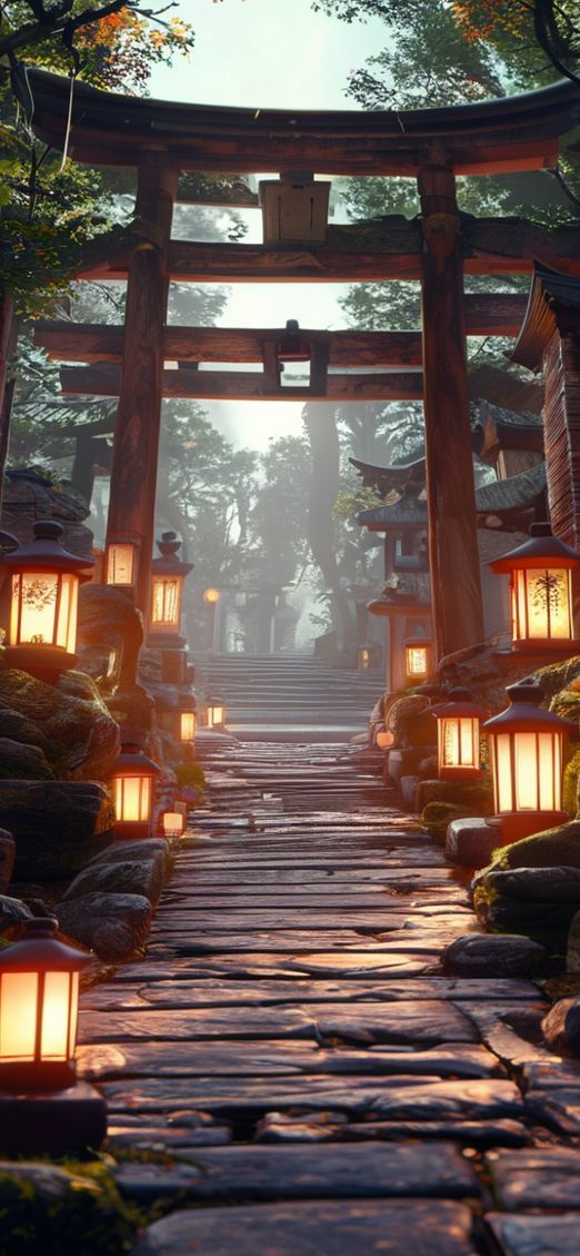 Japanese Temple Gate Torii Path Photorealistic Wallpaper