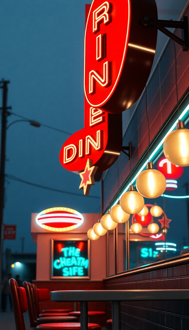 Retro Diner Neon Signs Chrome Photorealistic Wallpaper