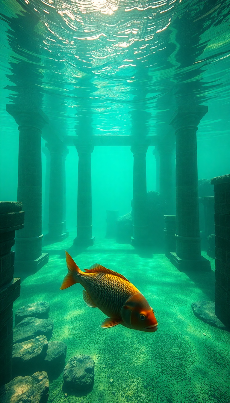 Sunken Ancient Temple Fish Swimming Digital art Wallpaper