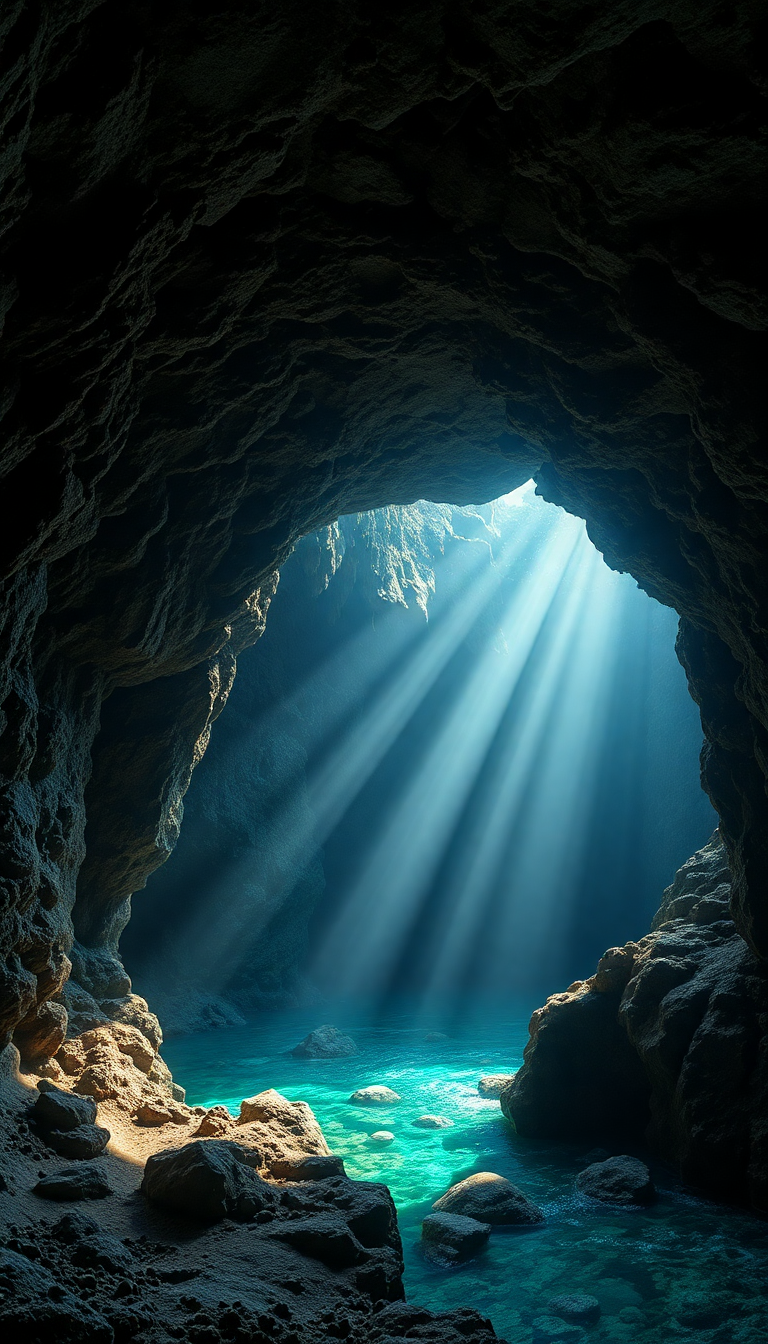 Underwater Cave Entrance Light Streaming Photorealistic Wallpaper