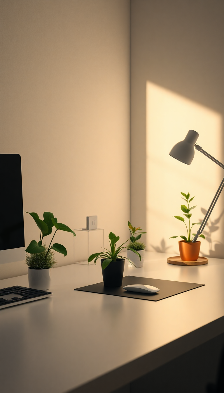 Minimalist Desk Setup Plants Morning Photorealistic Wallpaper