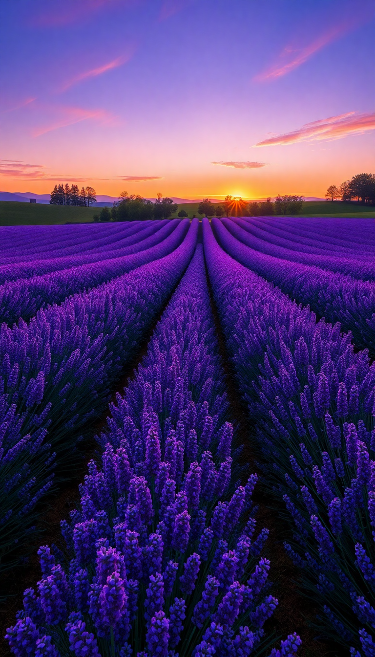 Lavender Fields Provence Sunset Golden Photorealistic Wallpaper