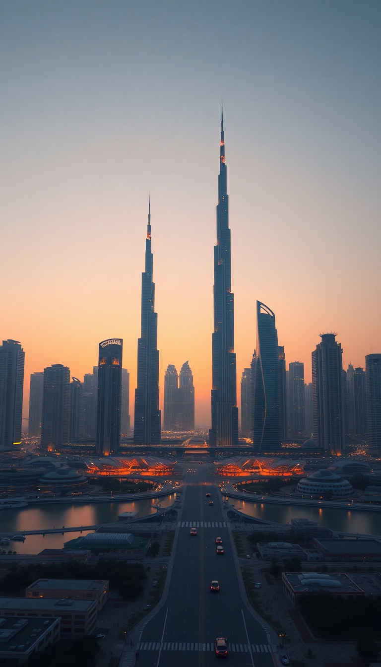 Dubai Skyline Futuristic Towers Sunset Photorealistic Wallpaper