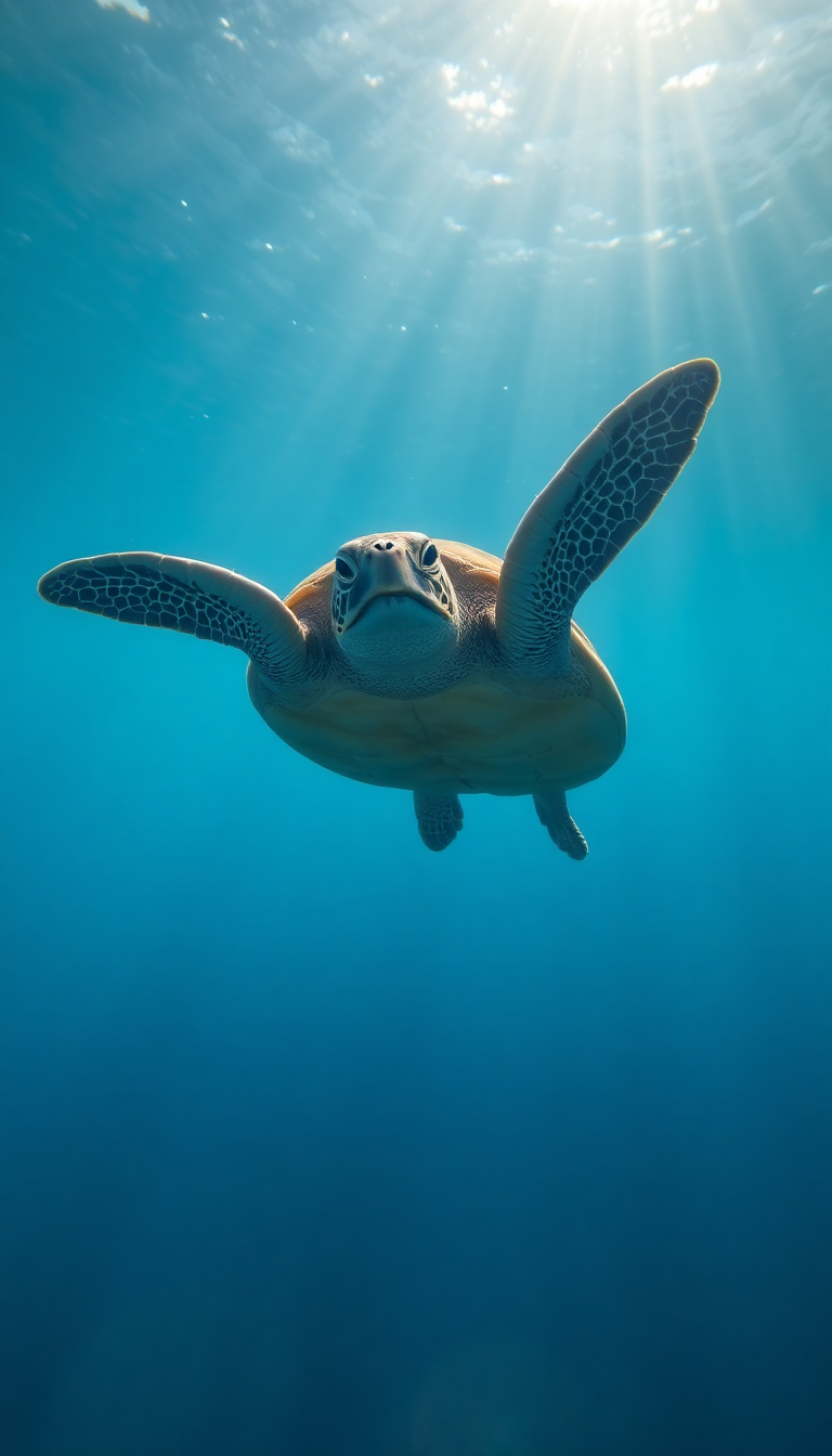 Sea Turtle Swimming Sunbeams Underwater Photorealistic Wallpaper