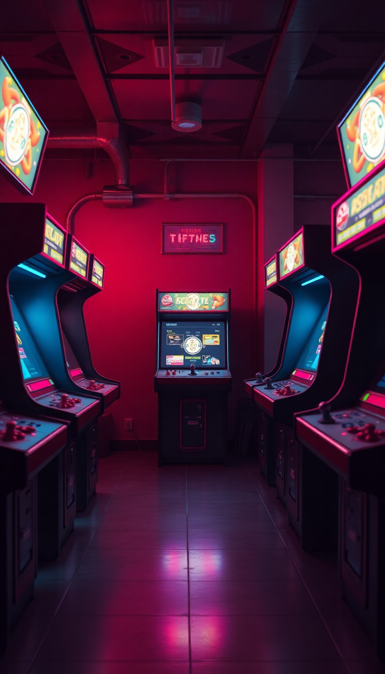 Old Arcade Machines Dark Room Photorealistic Wallpaper