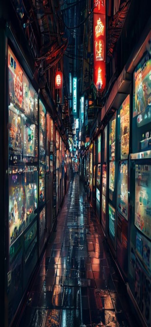 Tokyo Alley Night Vending Machines Glow Photorealistic Enhanced Wallpaper