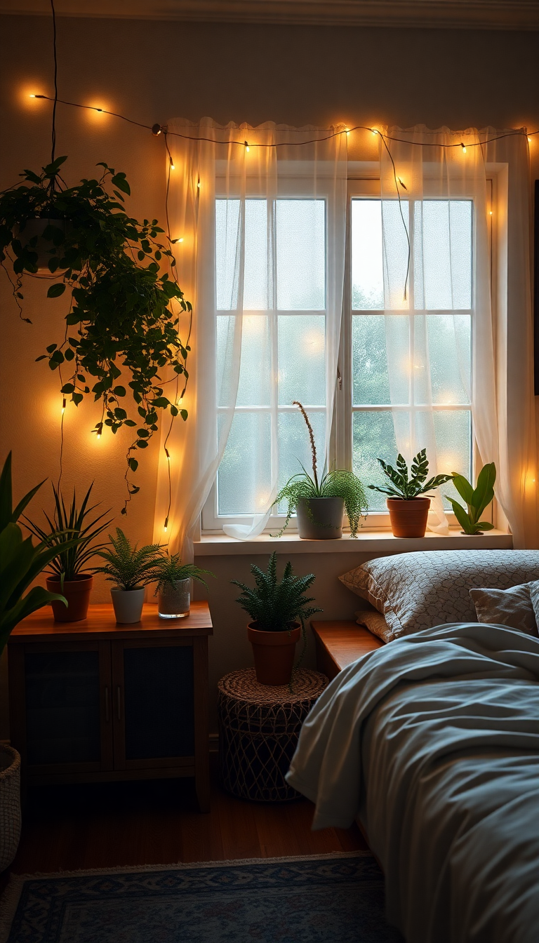 Lush Plants Lights Fairy Bedroom Photorealistic Wallpaper