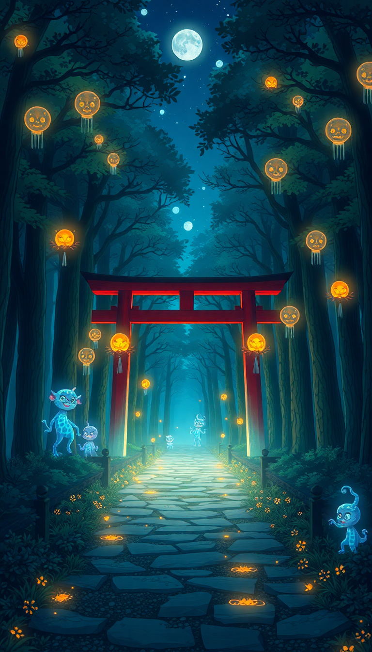 Fierce Forest Glowing Creatures Torii Anime Wallpaper