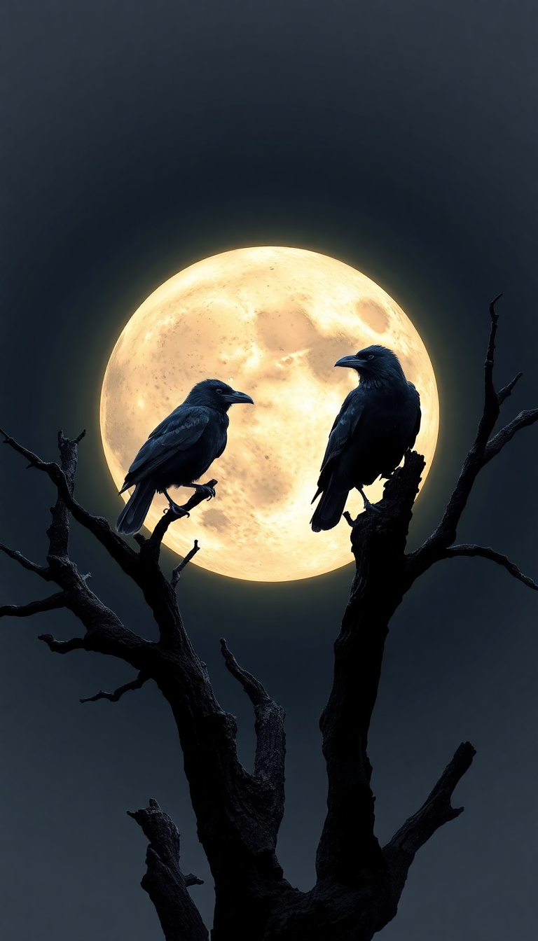 Ravens Dead Tree Branches Full Moon Digital art Mini Wallpaper