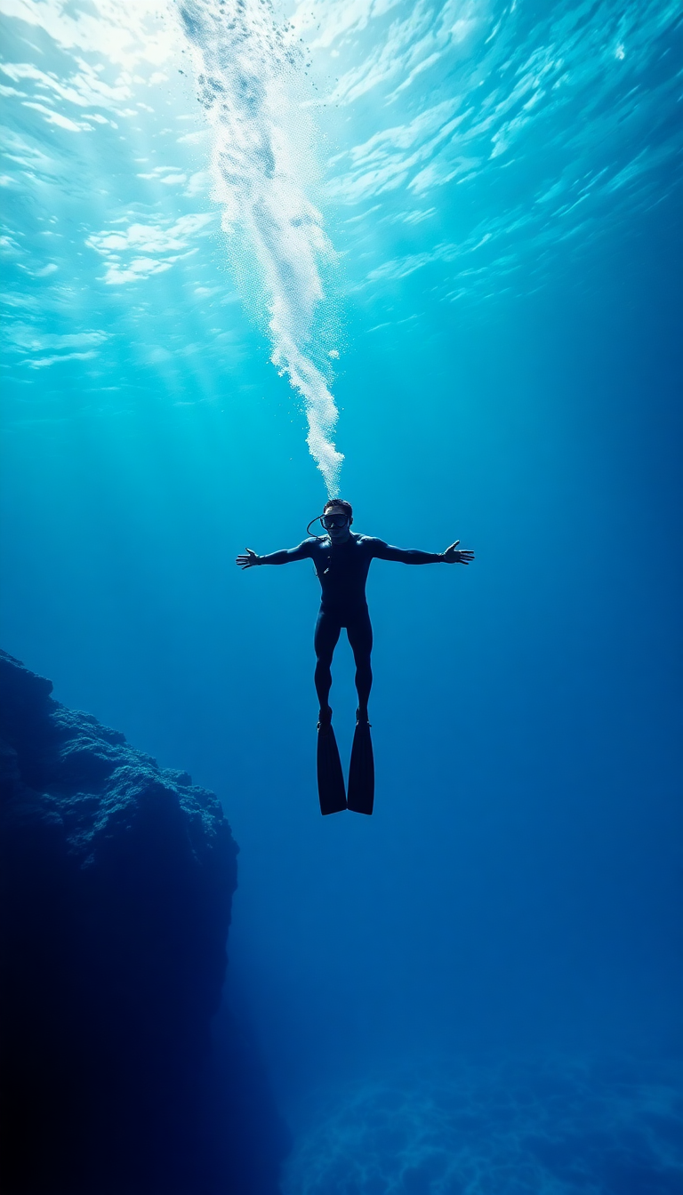 Holographic Freediver Descending Into Deep Blue Wallpaper