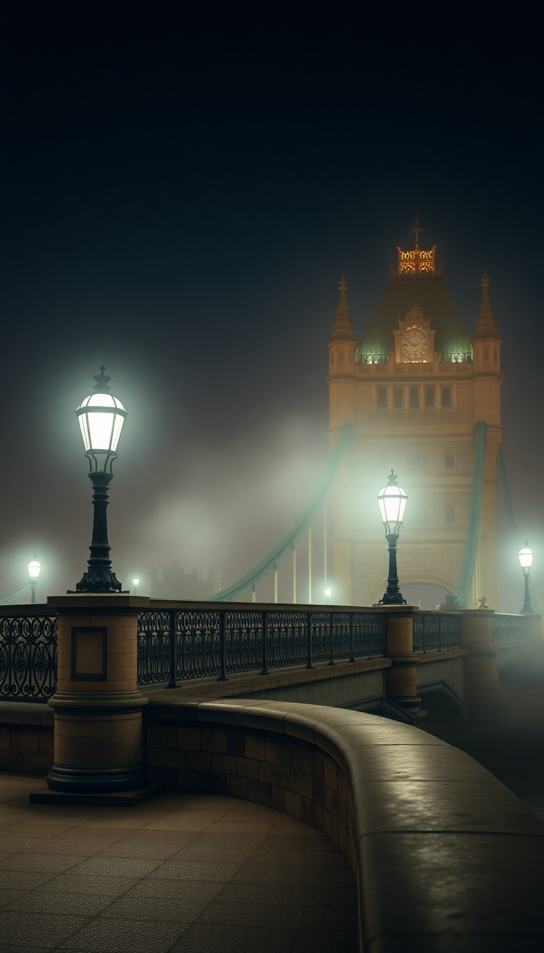 Silver Foggy Bridge Lampposts Photorealistic Wallpaper