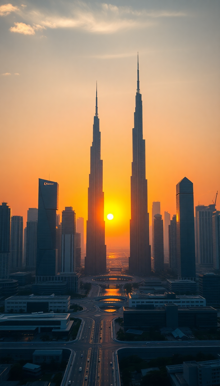 Dubai Skyline Futuristic Towers Sunset Photorealistic Wallpaper