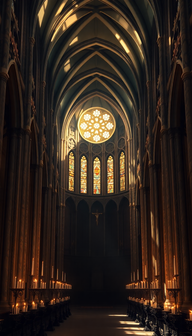 Gothic Cathedral Interior Candlelight Shadows Photorealistic Wallpaper