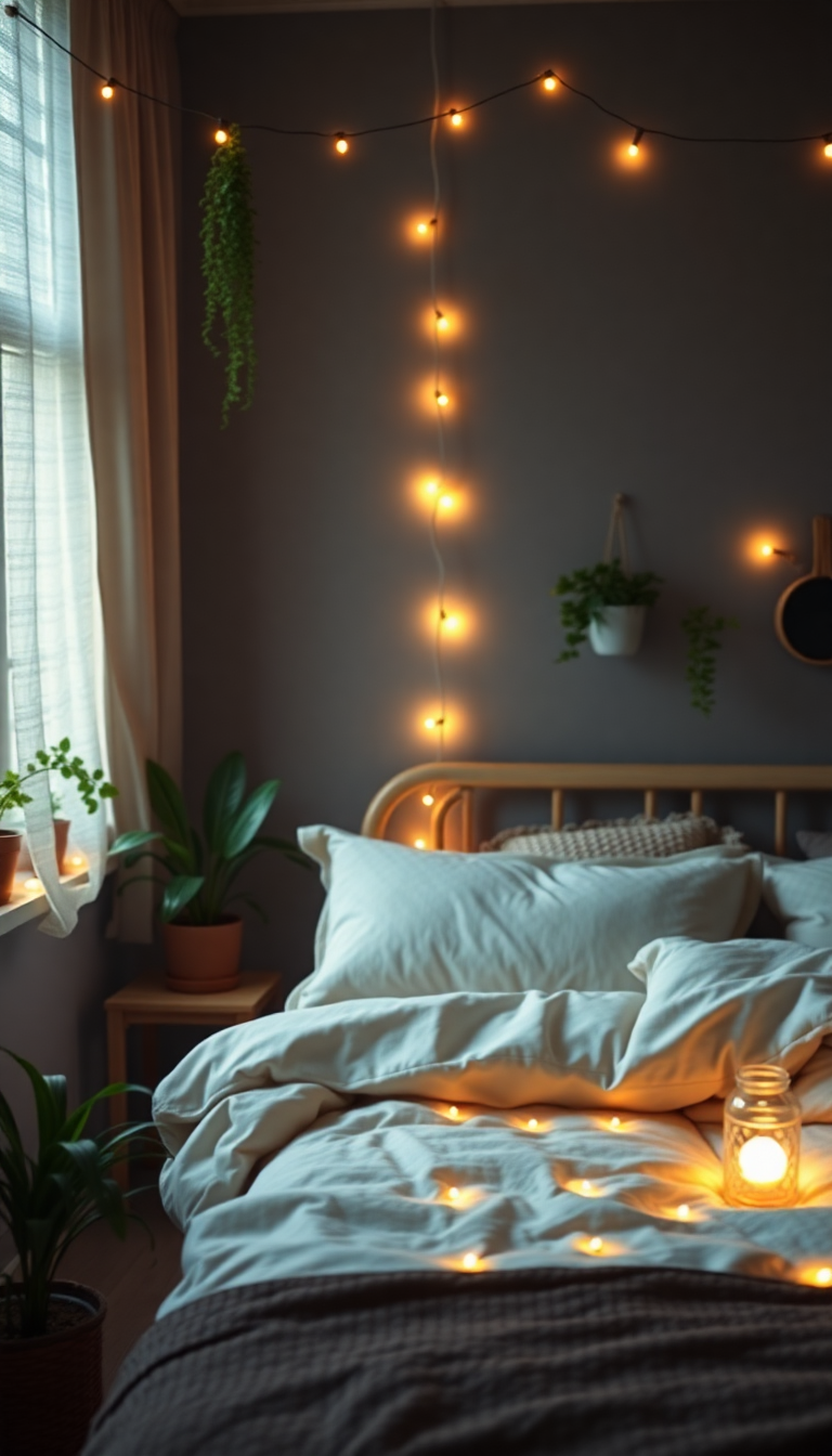 Ethereal Indie Bedroom Fairy Lights Plants Wallpaper