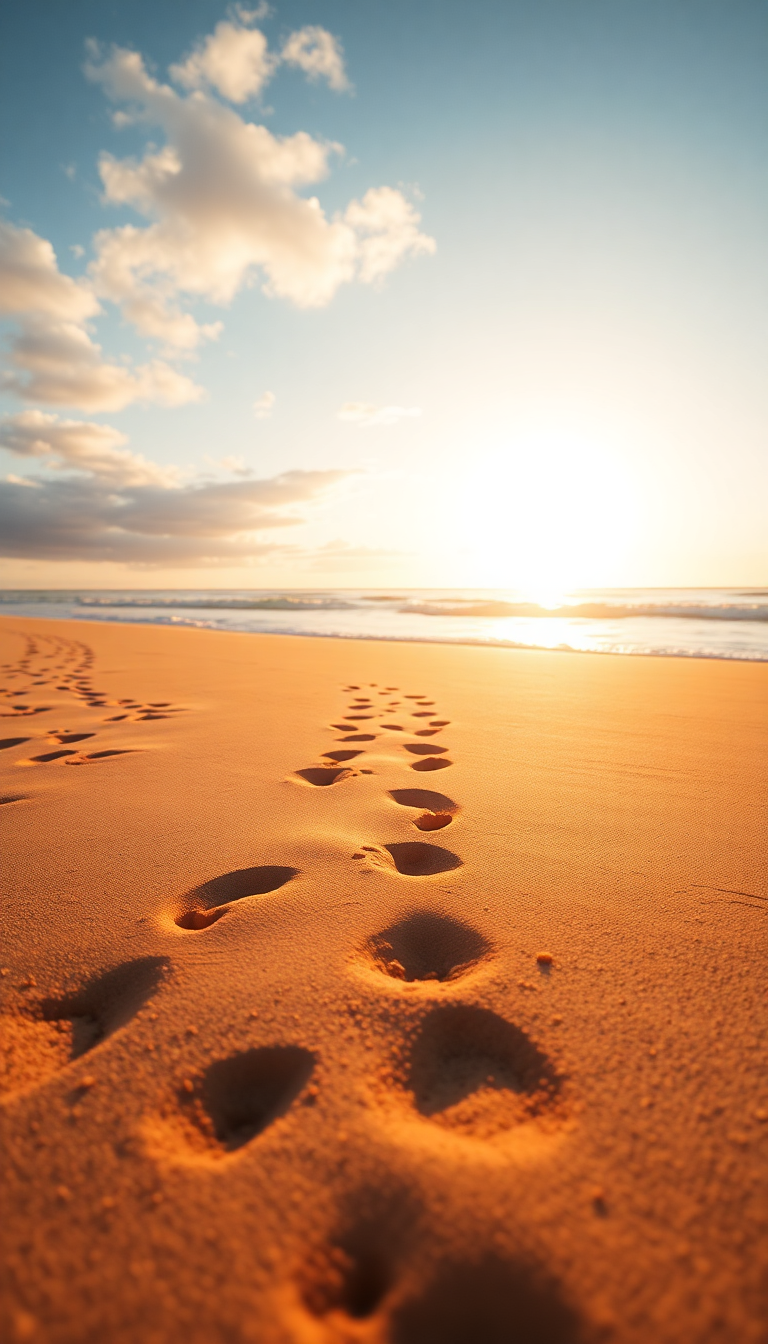 Breathtaking Footprints Hour Golden Beach Photorealistic Wallpaper