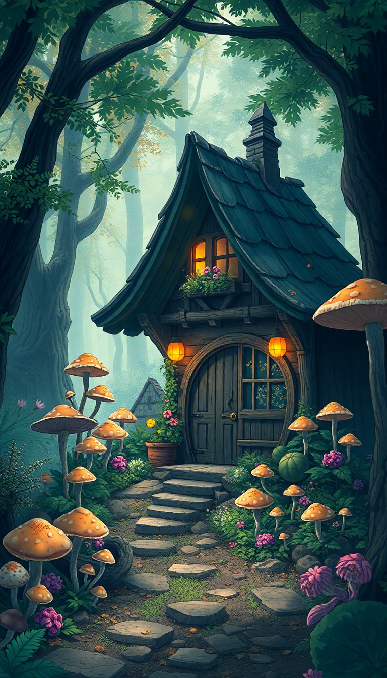 Hazy Cottage In Forest Mushrooms Anime Wallpaper
