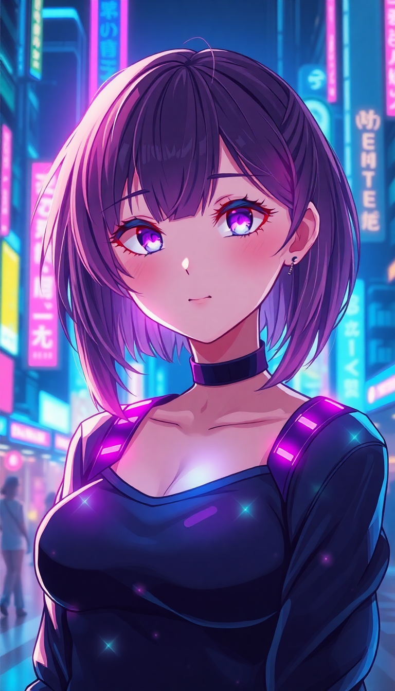 Cyberpunk Anime Girl Neon City Holographic Anime Super Wallpaper