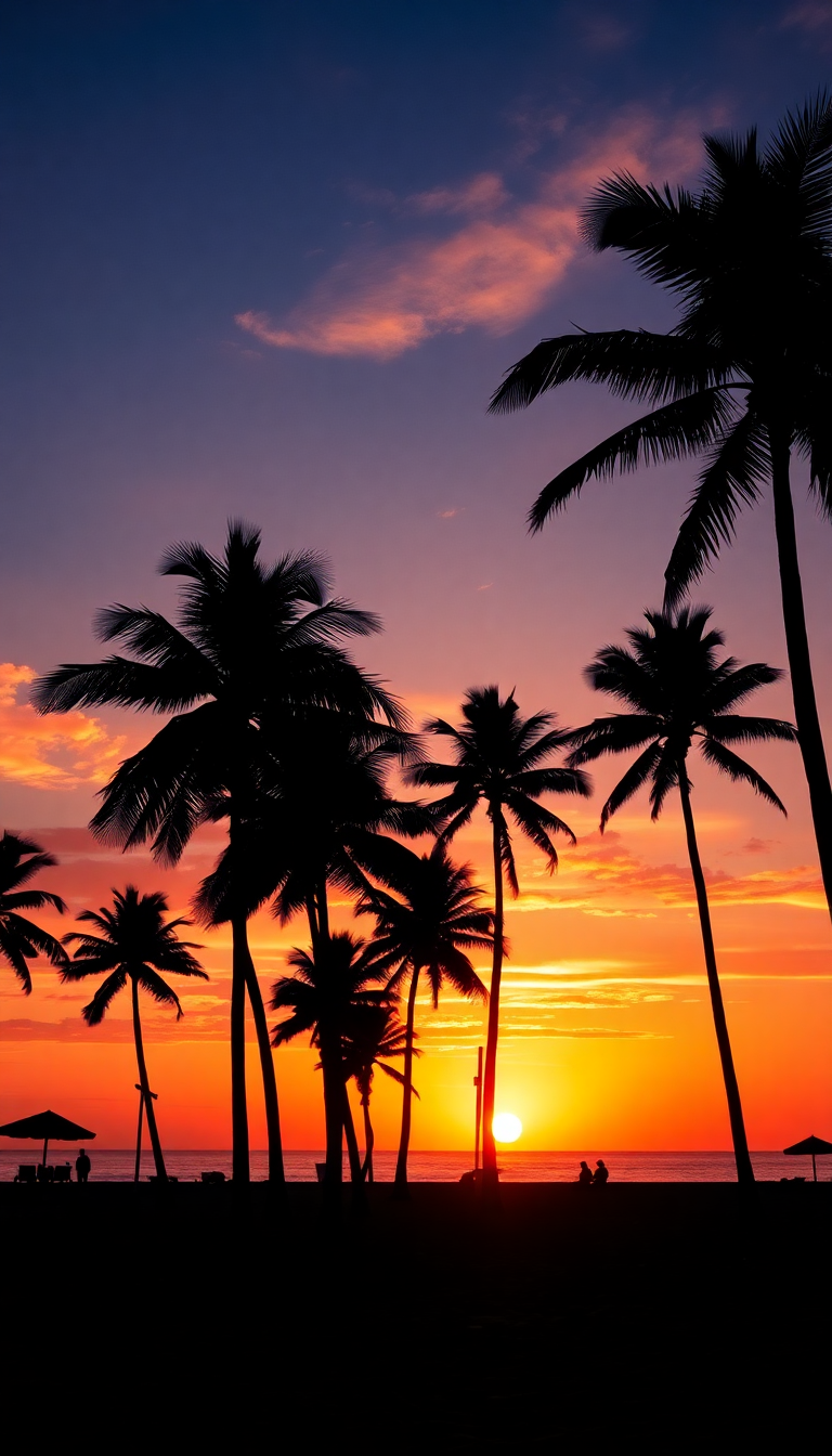 Deep Summer Sunset Beach Silhouette Photorealistic Wallpaper