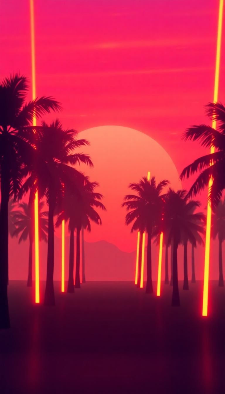 Cosmic 80s Synthwave Grid Sunset Digital art Wallpaper
