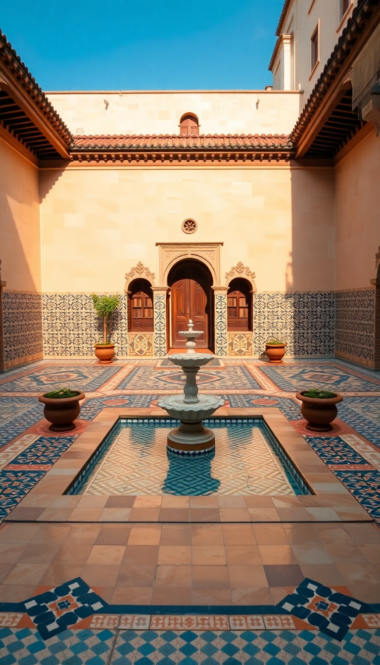Moroccan Courtyard Tiles Fountain Mosaic Minimalist Wallpaper