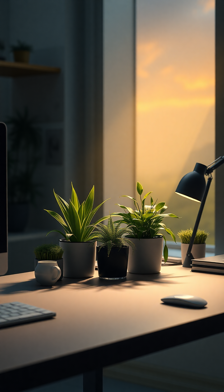 Sacred Minimalist Desk Setup Plants Photorealistic Wallpaper