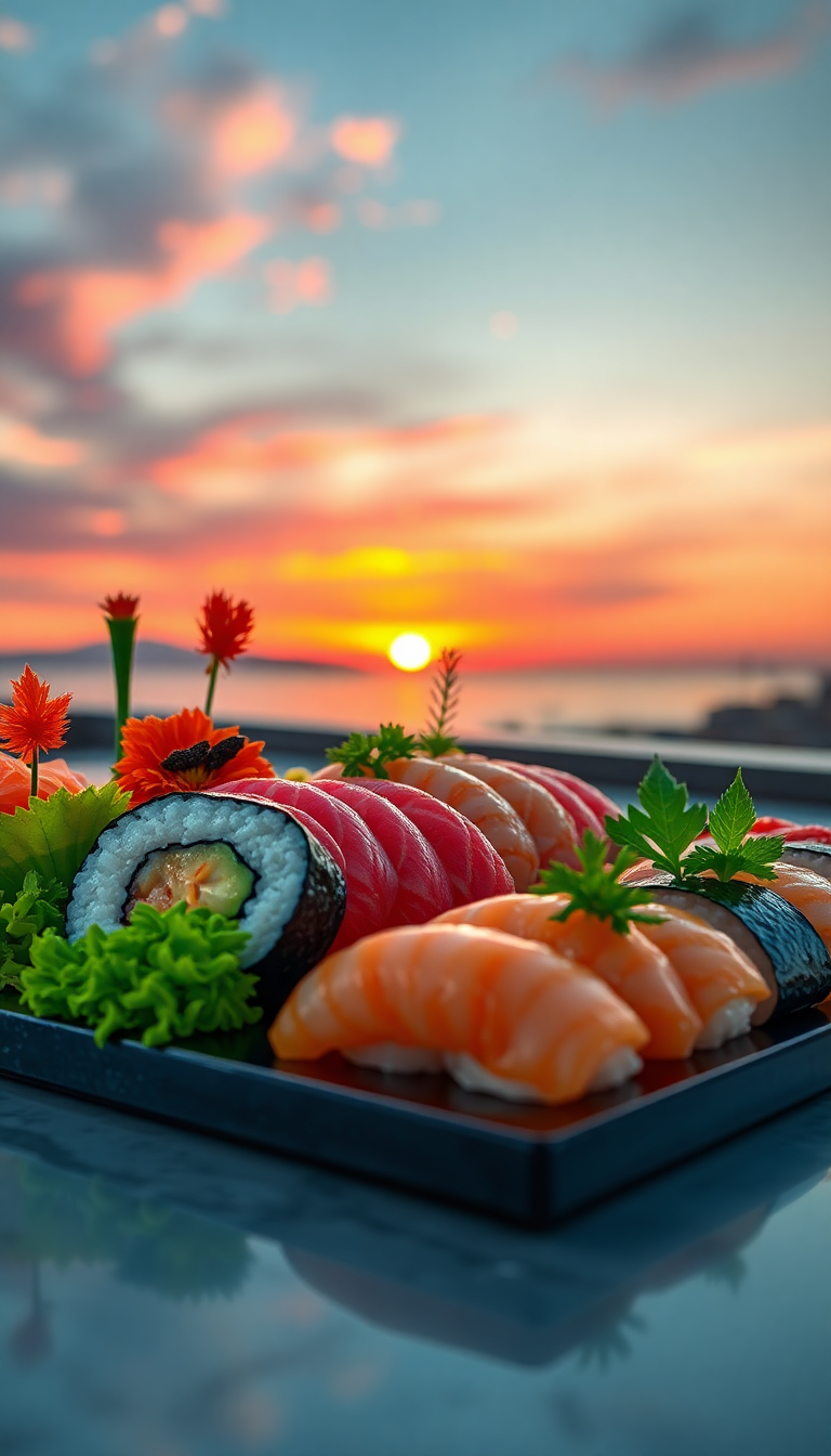 Ornate Fresh Sushi Arrangement Artistic Photorealistic Wallpaper