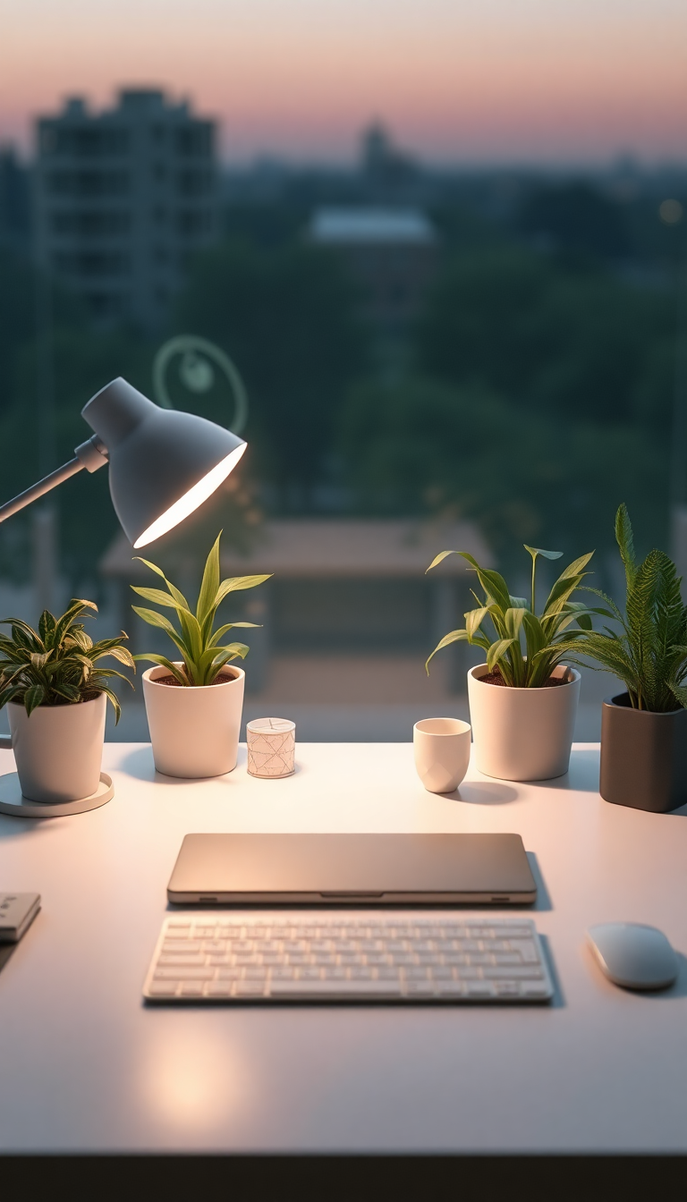 Elegant Minimalist Desk Setup Plants Photorealistic Wallpaper