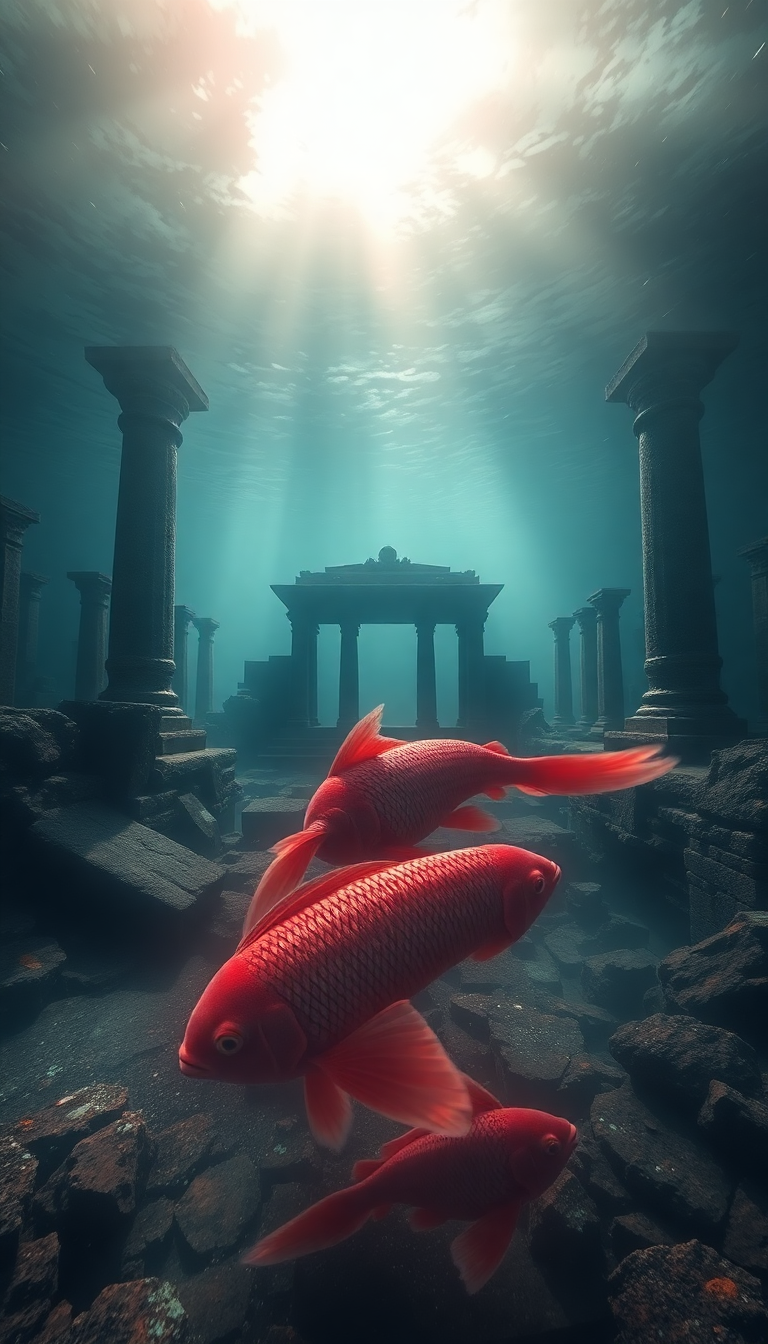 Striking Sunken Ancient Temple Fish Digital art Wallpaper