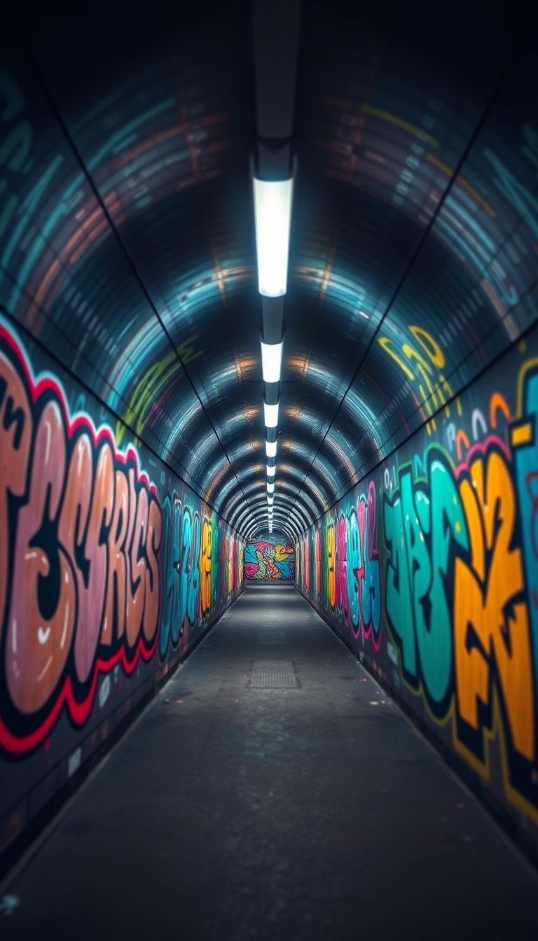 Glowing Graffiti Tunnel Perspective Vanishing Photorealistic Wallpaper