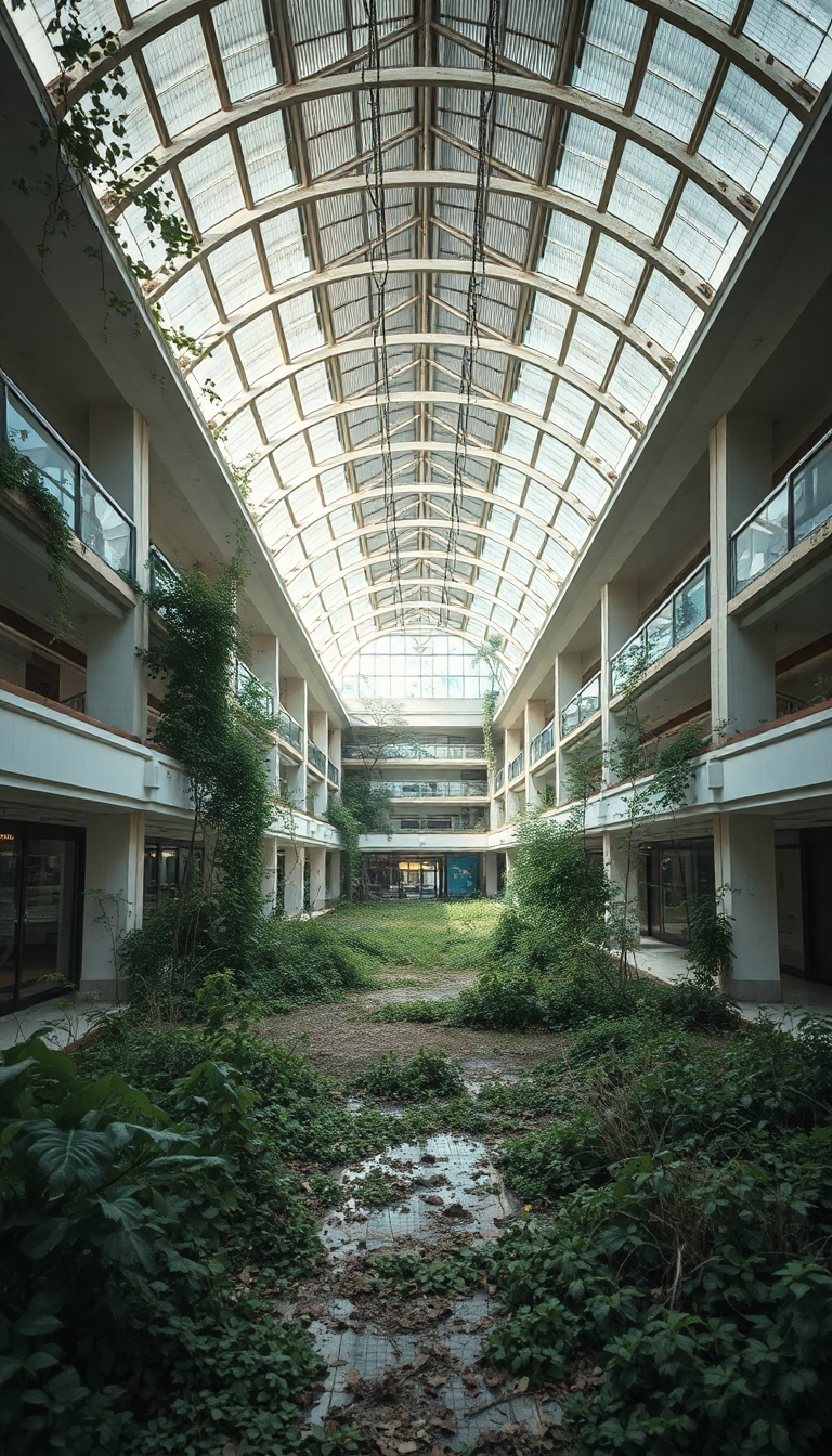 Vivid Abandoned Shopping Mall Nature Photorealistic Wallpaper