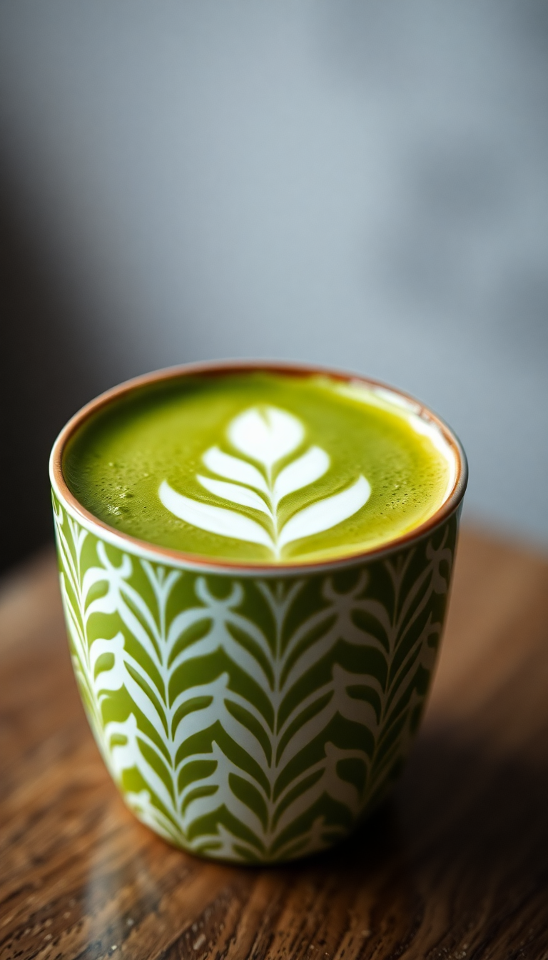 Spectacular Matcha Latte Art Leaf Photorealistic Wallpaper