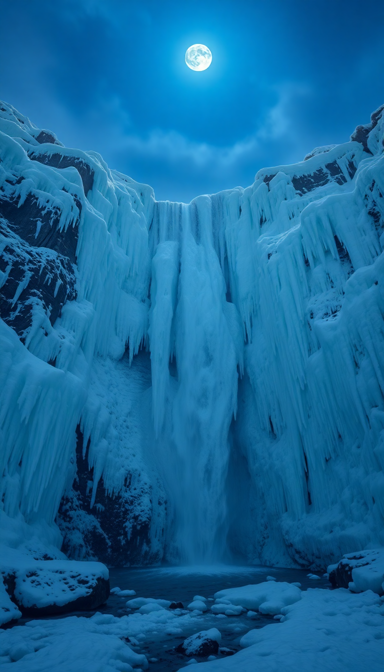 Fiery Frozen Waterfall Ice Formations Photorealistic Wallpaper