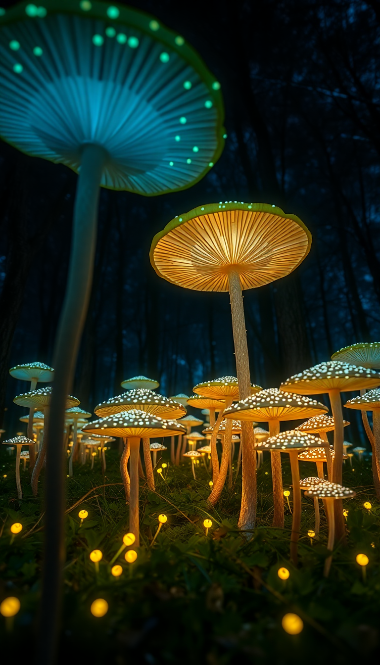 Noble Bioluminescent Mushroom Forest Night Photorealistic Wallpaper
