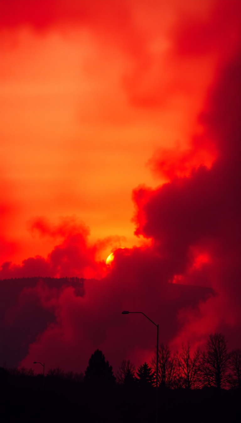 Futuristic Sunset After Wildfire Smoke Photorealistic Wallpaper