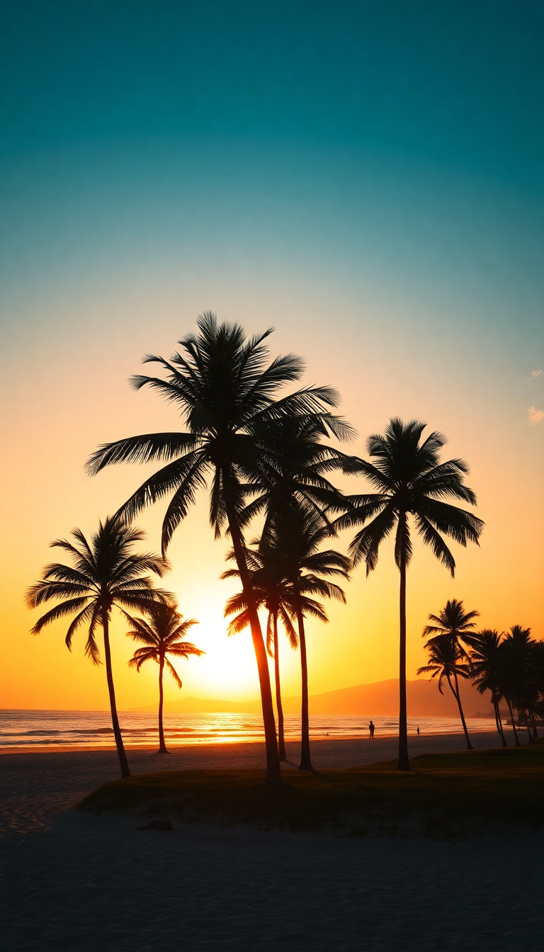 Vivid Summer Sunset Beach Silhouette Photorealistic Wallpaper