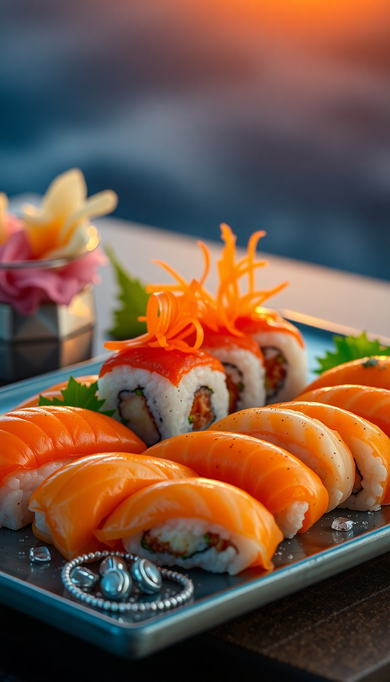 Sleek Fresh Sushi Arrangement Artistic Photorealistic Wallpaper