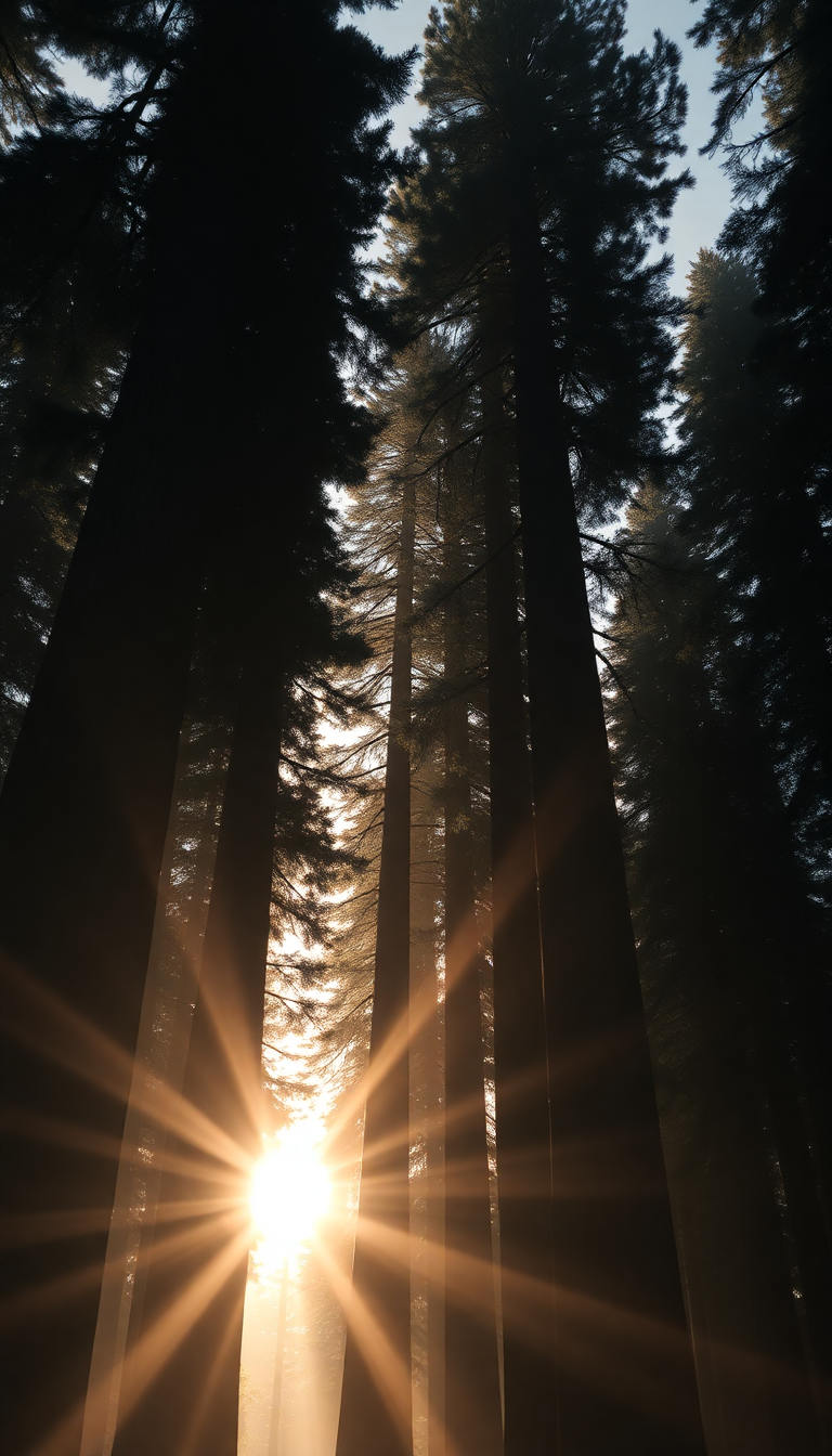 Rustic Giant Redwood Trees Morning Photorealistic Wallpaper