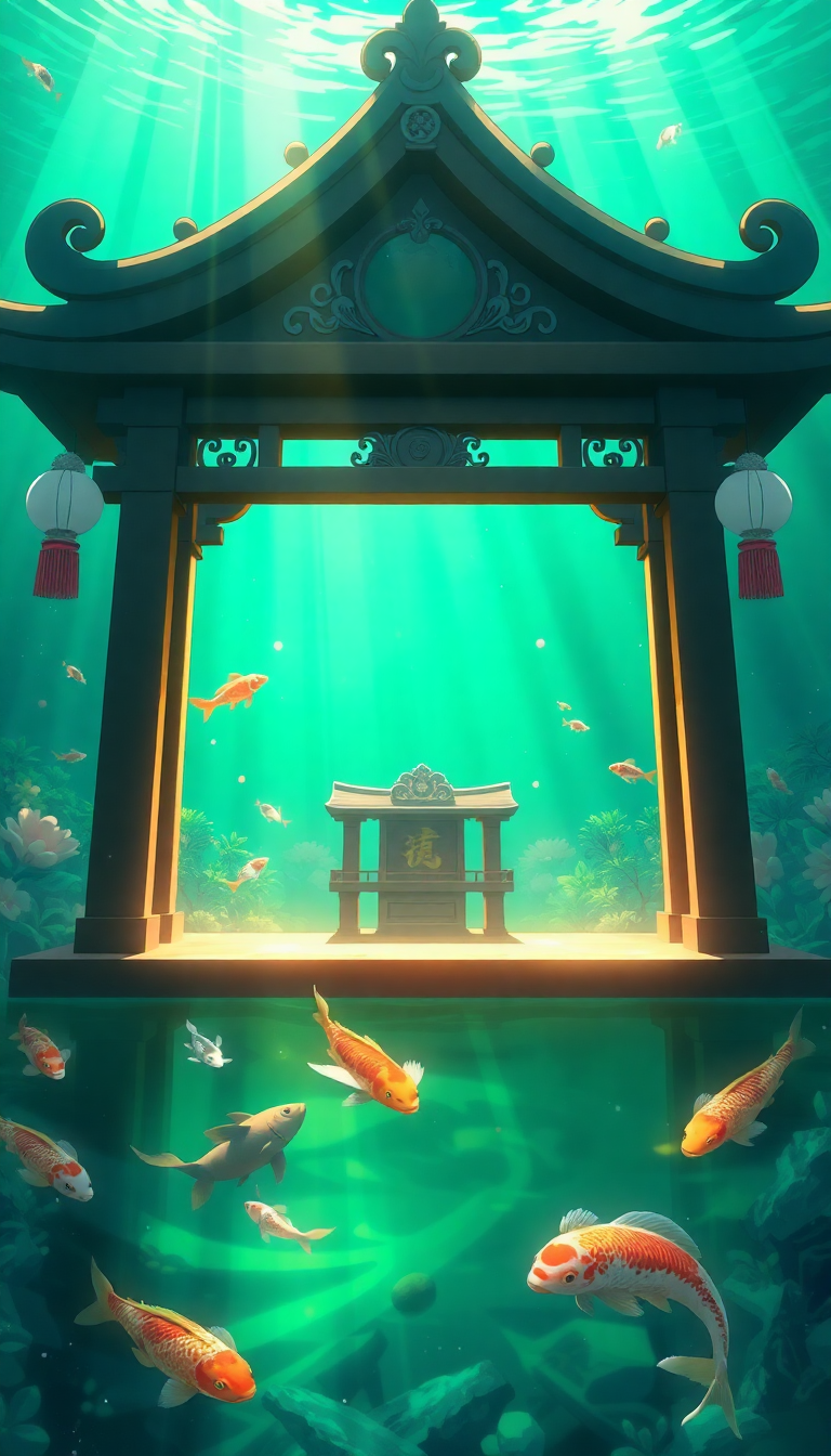 Dynamic Underwater Shrine Koi Fish Anime Wallpaper
