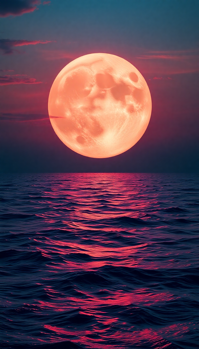 Ornate Giant Moon Touching Ocean Digital art Wallpaper