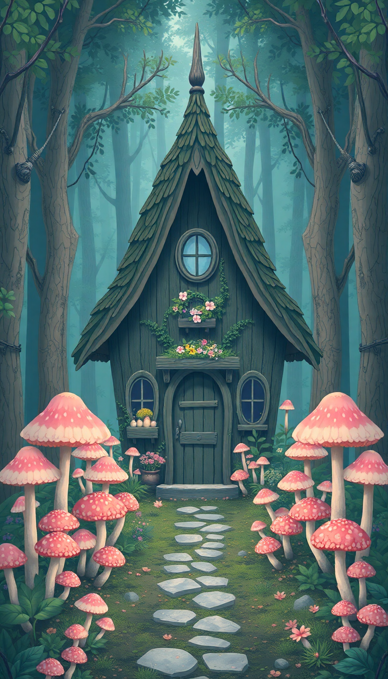Witch Cottage Forest Mushrooms Magical Anime Wallpaper